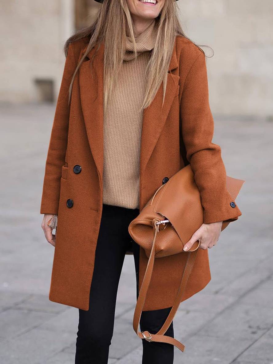 Aurohaya Elegant Double Breasted Wool Coat with Pockets for Women Chic Autumn/Winter Long Jacket
