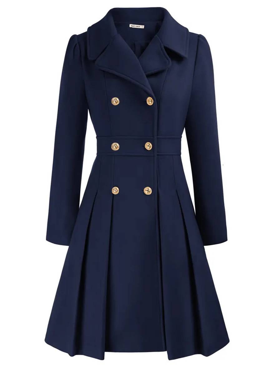 Aurohaya Elegant Double Breasted Wool Coat with Pockets & Lapel Collar for Women Casual & Chic Fall/Winter Outerwear