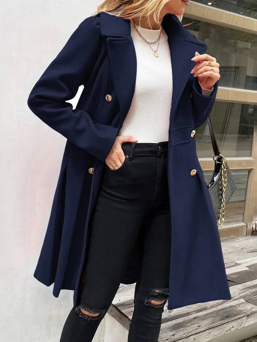 Aurohaya Elegant Double Breasted Wool Coat with Pockets & Lapel Collar for Women Casual & Chic Fall/Winter Outerwear