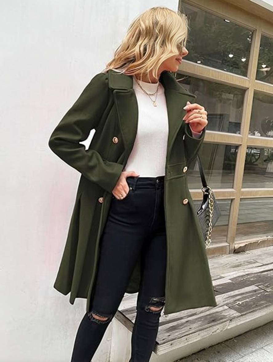 Aurohaya Elegant Double Breasted Wool Coat with Pockets & Lapel Collar for Women Casual & Chic Fall/Winter Outerwear