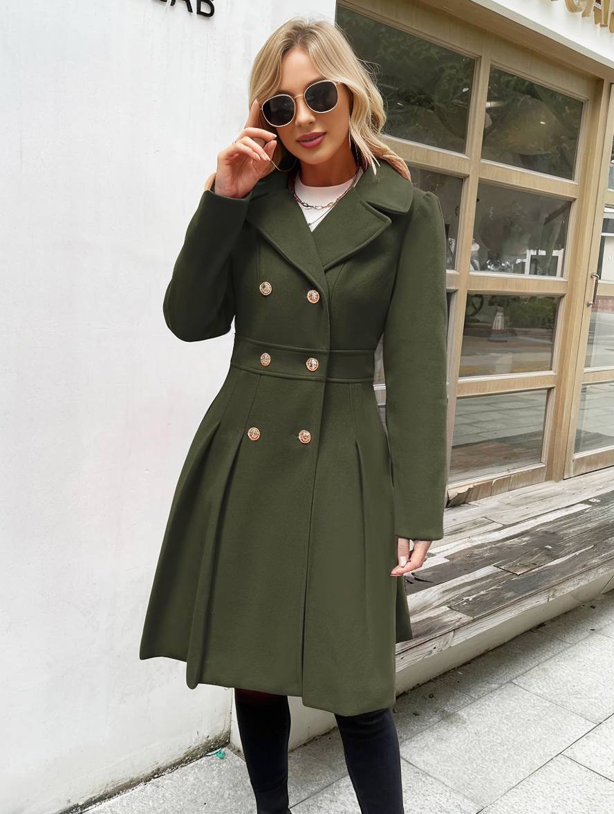 Aurohaya Elegant Double Breasted Wool Coat with Pockets & Lapel Collar for Women Casual & Chic Fall/Winter Outerwear