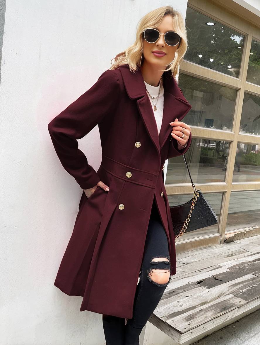 Aurohaya Elegant Double Breasted Wool Coat with Pockets & Lapel Collar for Women Casual & Chic Fall/Winter Outerwear