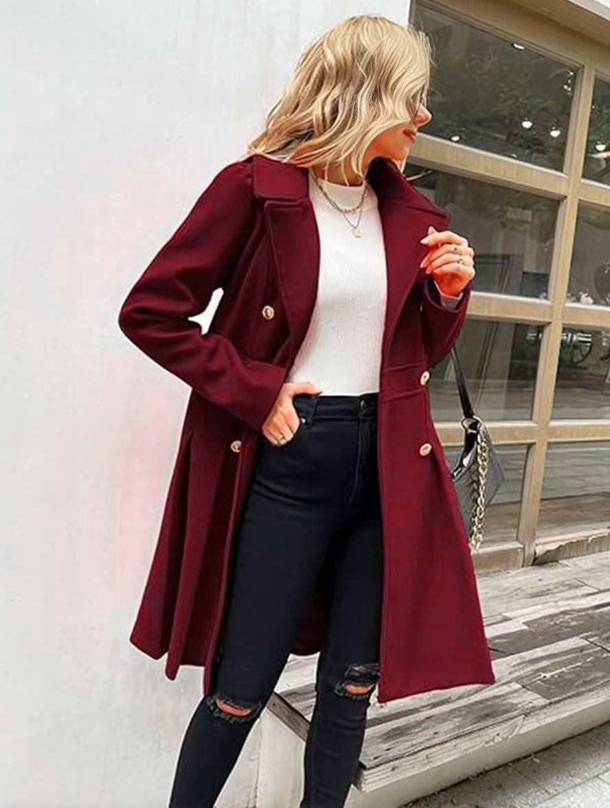 Aurohaya Elegant Double Breasted Wool Coat with Pockets & Lapel Collar for Women Casual & Chic Fall/Winter Outerwear
