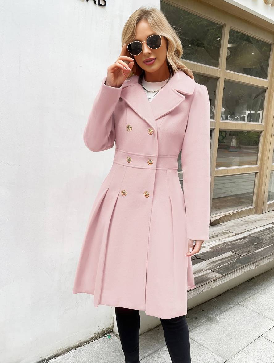 Aurohaya Elegant Double Breasted Wool Coat with Pockets & Lapel Collar for Women Casual & Chic Fall/Winter Outerwear