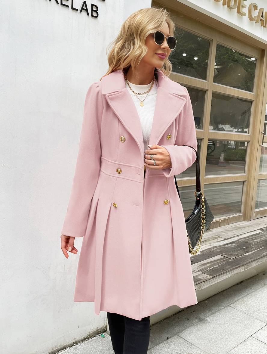 Aurohaya Elegant Double Breasted Wool Coat with Pockets & Lapel Collar for Women Casual & Chic Fall/Winter Outerwear