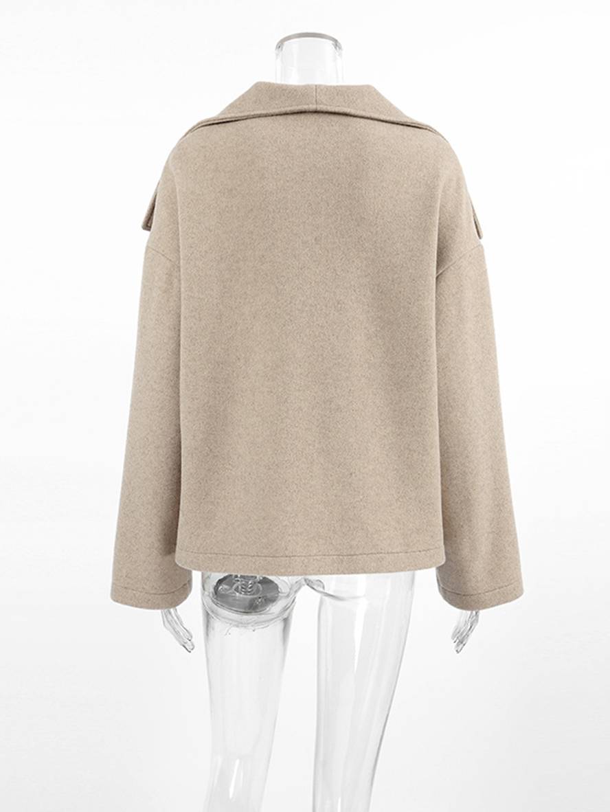 Aurohaya Elegant Double Breasted Wool Coat with Lapel Collar & Pockets for Women Casual Fall/Winter Outerwear