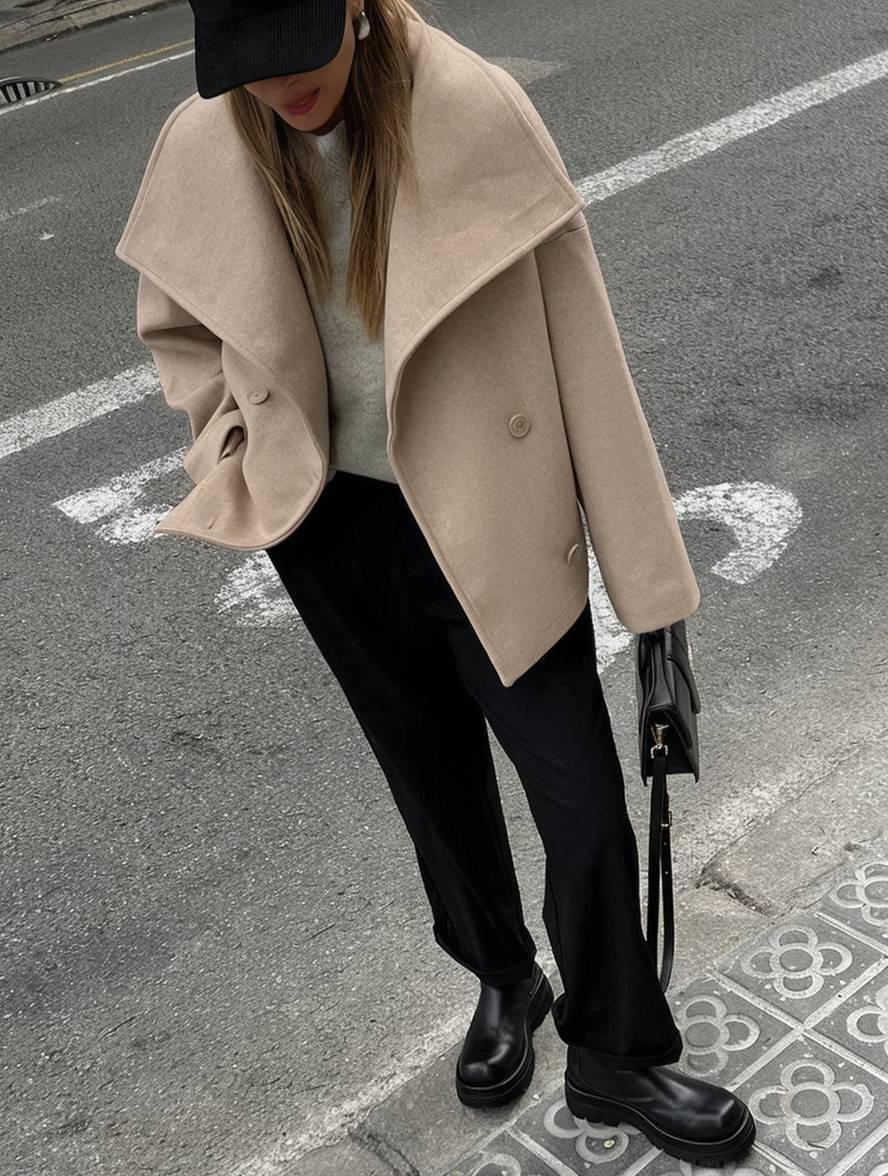 Aurohaya Elegant Double Breasted Wool Coat with Lapel Collar & Pockets for Women Casual Fall/Winter Outerwear