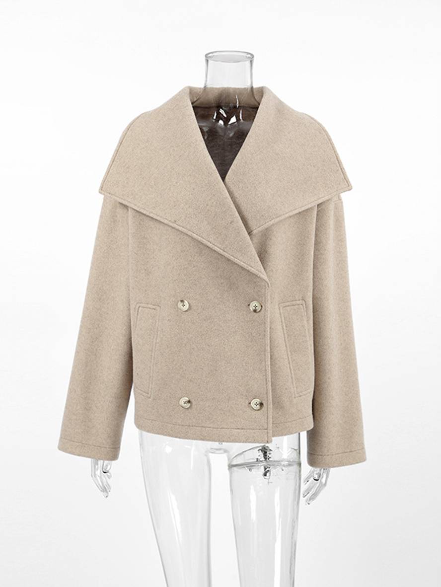 Aurohaya Elegant Double Breasted Wool Coat with Lapel Collar & Pockets for Women Casual Fall/Winter Outerwear