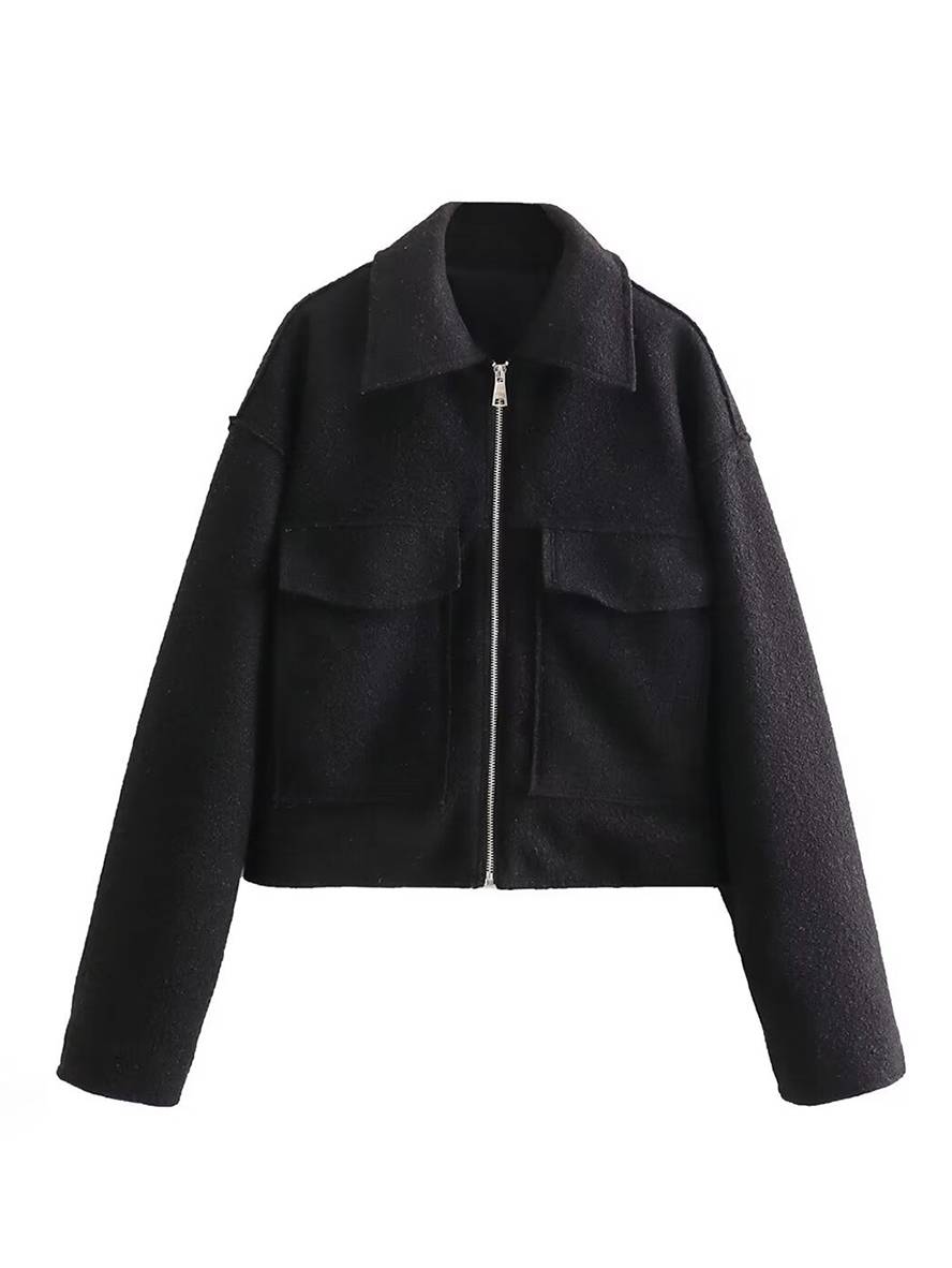 Aurohaya Elegant Colorblock Short Jacket with Zipper & Pockets for Women Casual Fall/Winter Outerwear