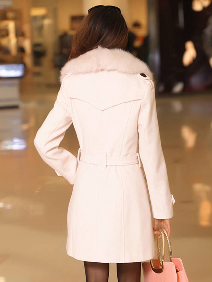 Aurohaya Elegant Double Breasted Wool Coat with Pockets, Bow Tie, and Belt for Women Long Sleeve Autumn/Winter Outerwear