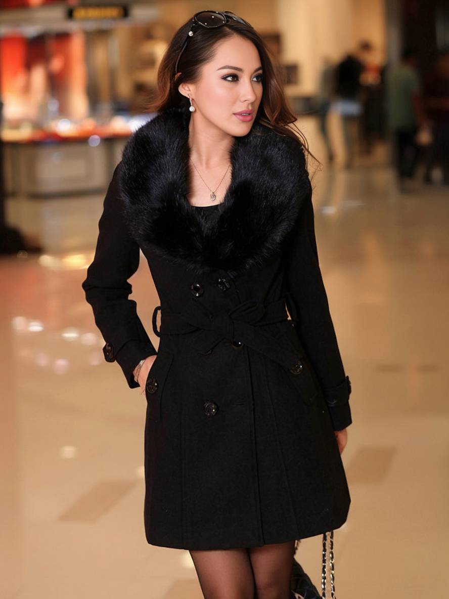 Aurohaya Elegant Double Breasted Wool Coat with Pockets, Bow Tie, and Belt for Women Long Sleeve Autumn/Winter Outerwear