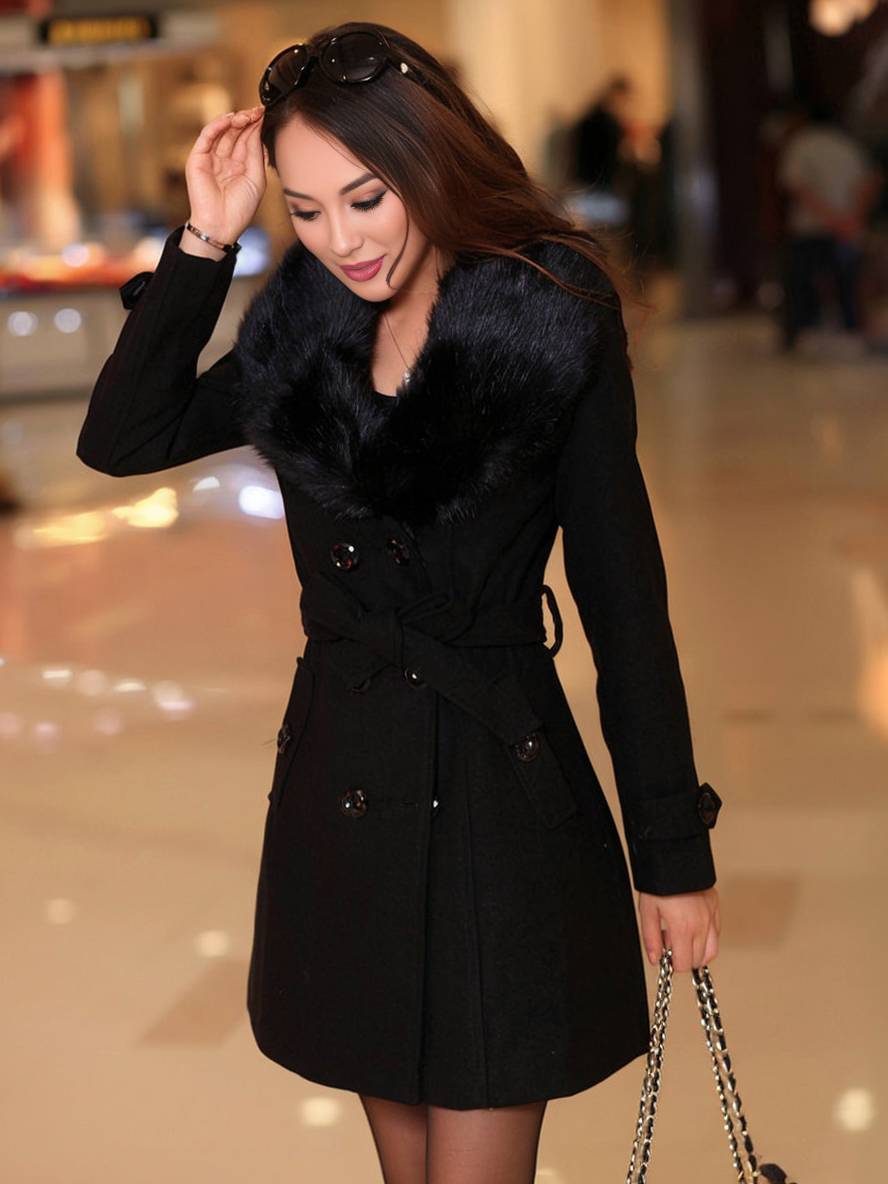 Aurohaya Elegant Double Breasted Wool Coat with Pockets, Bow Tie, and Belt for Women Long Sleeve Autumn/Winter Outerwear