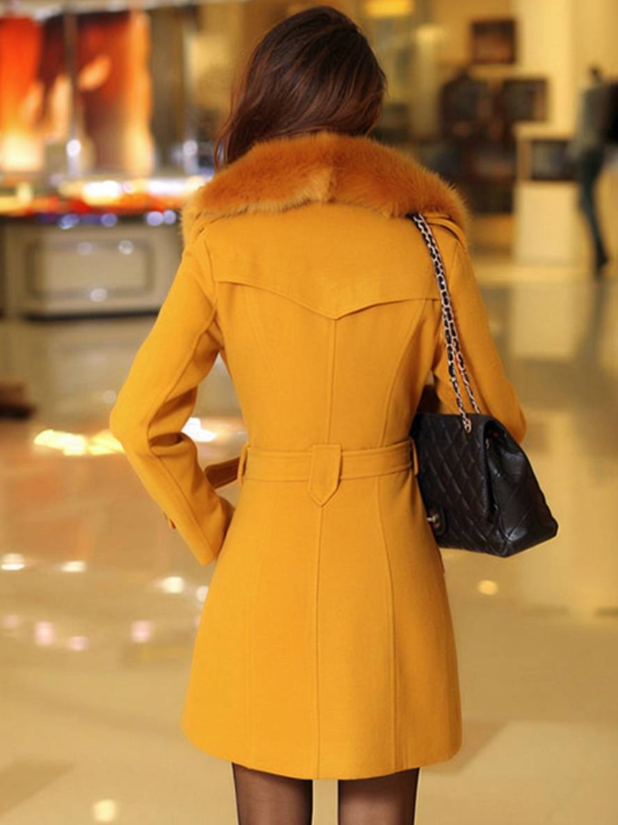 Aurohaya Elegant Double Breasted Wool Coat with Pockets, Bow Tie, and Belt for Women Long Sleeve Autumn/Winter Outerwear