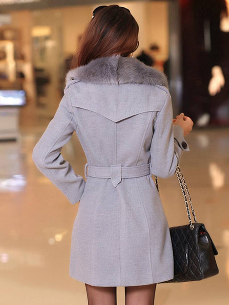 Aurohaya Elegant Double Breasted Wool Coat with Pockets, Bow Tie, and Belt for Women Long Sleeve Autumn/Winter Outerwear