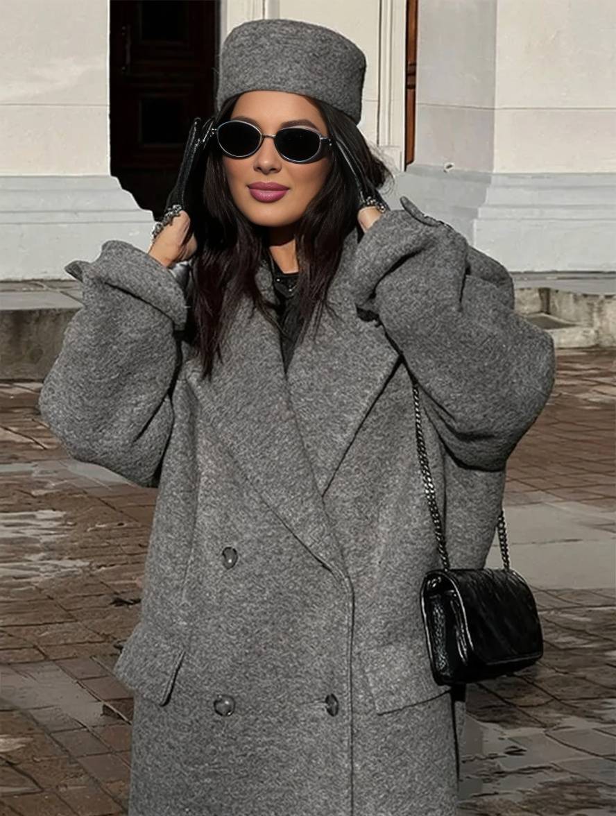 Elegant Double Breasted Wool Coat with Pockets, Lapel Collar & Long Sleeves for Women Oversized Casual Outerwear