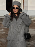 Elegant Double Breasted Wool Coat with Pockets, Lapel Collar & Long Sleeves for Women Oversized Casual Outerwear