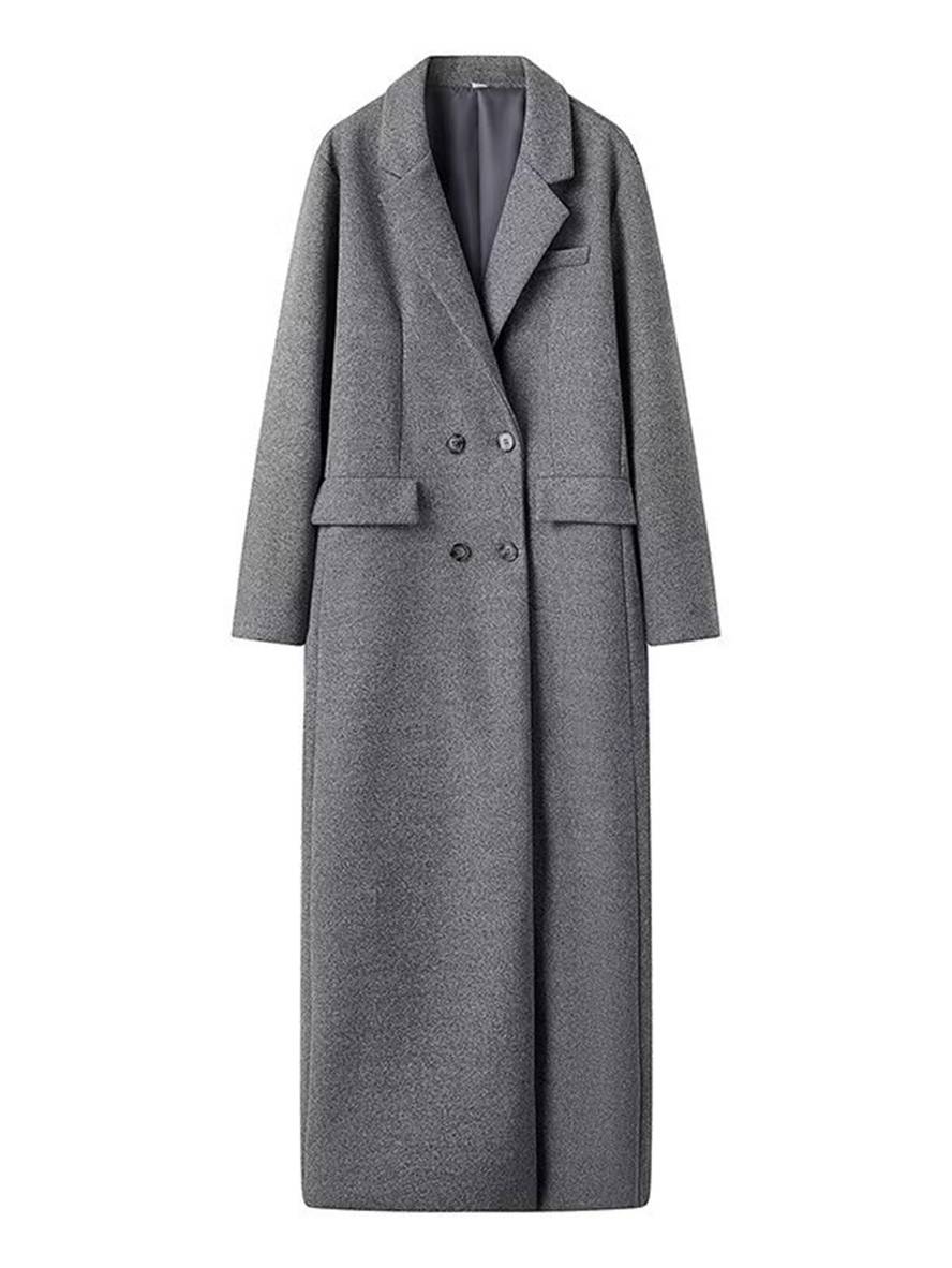 Elegant Double Breasted Wool Coat with Pockets, Lapel Collar & Long Sleeves for Women Oversized Casual Outerwear