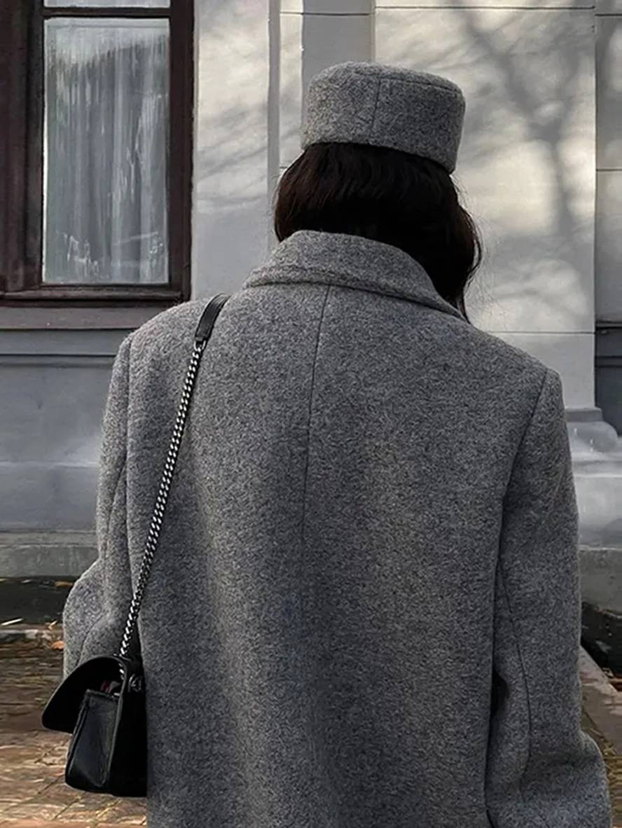 Elegant Double Breasted Wool Coat with Pockets, Lapel Collar & Long Sleeves for Women Oversized Casual Outerwear