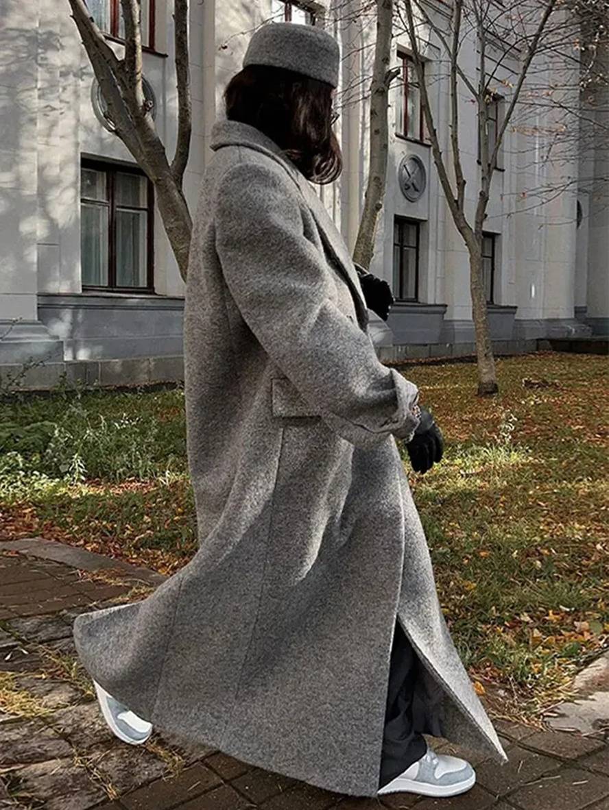 Elegant Double Breasted Wool Coat with Pockets, Lapel Collar & Long Sleeves for Women Oversized Casual Outerwear
