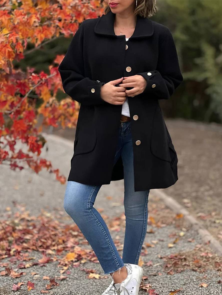 Aurohaya Elegant Women's Wool Coat with Bowtie, Double Breasted, Pockets, and Reversible Collar Casual and Stylish Autumn Winter Jacket