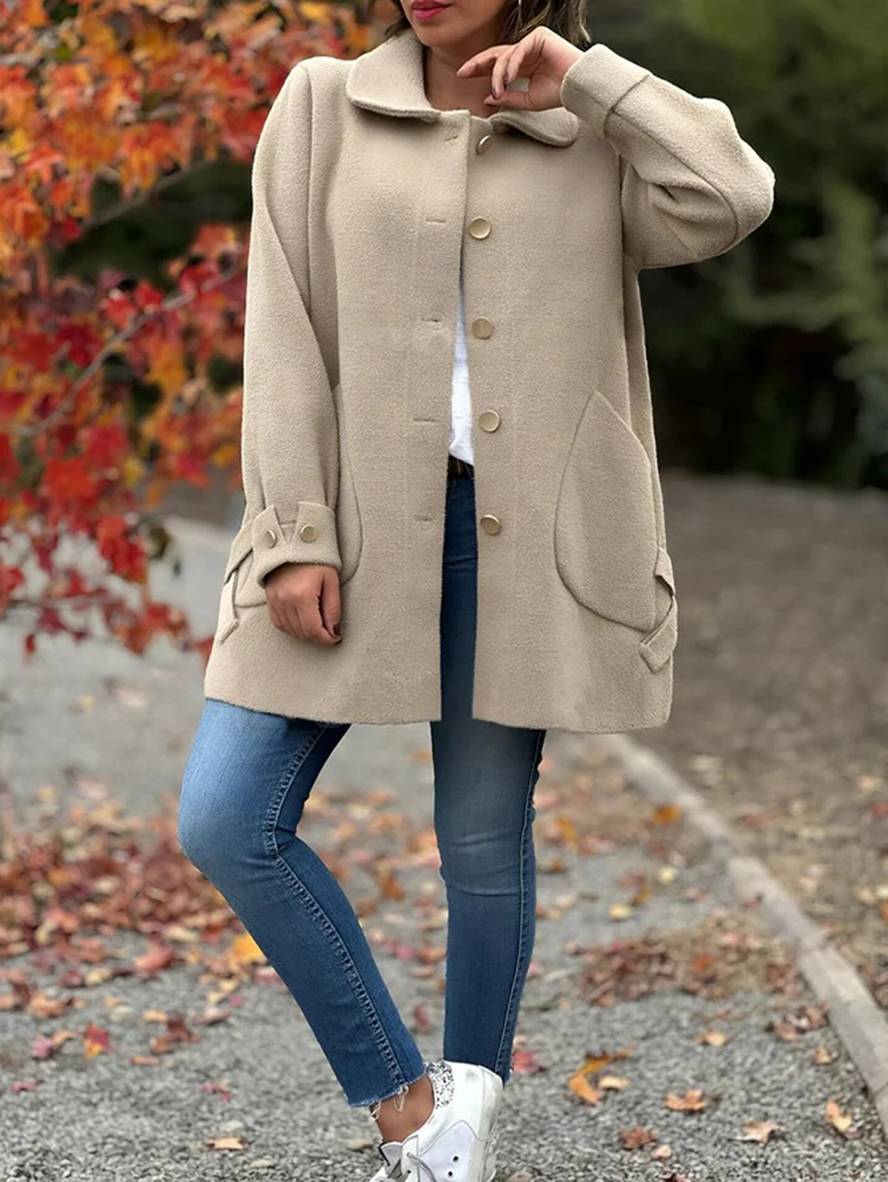 Aurohaya Elegant Women's Wool Coat with Bowtie, Double Breasted, Pockets, and Reversible Collar Casual and Stylish Autumn Winter Jacket