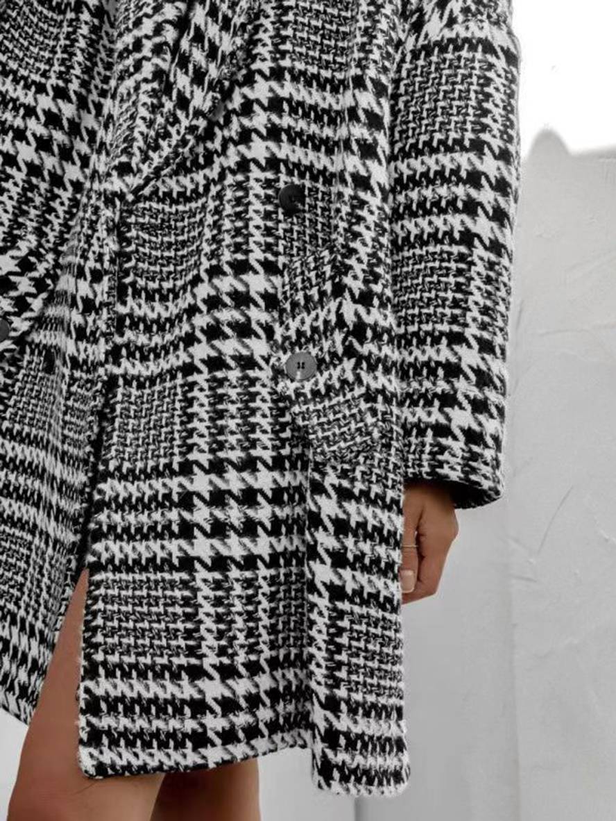 Aurohaya Houndstooth Mid-Length Coat Double-Breasted Women’s Wool-Look Jacket