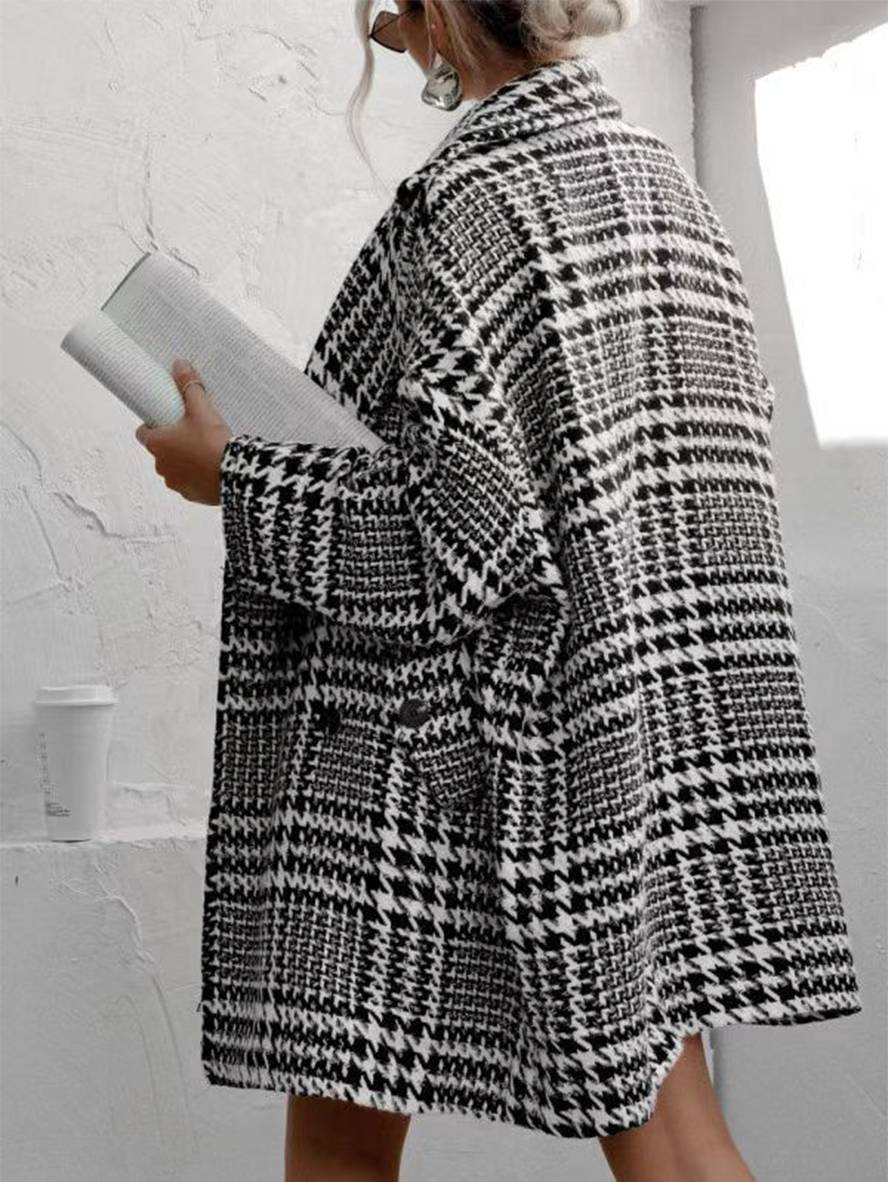 Aurohaya Houndstooth Mid-Length Coat Double-Breasted Women’s Wool-Look Jacket
