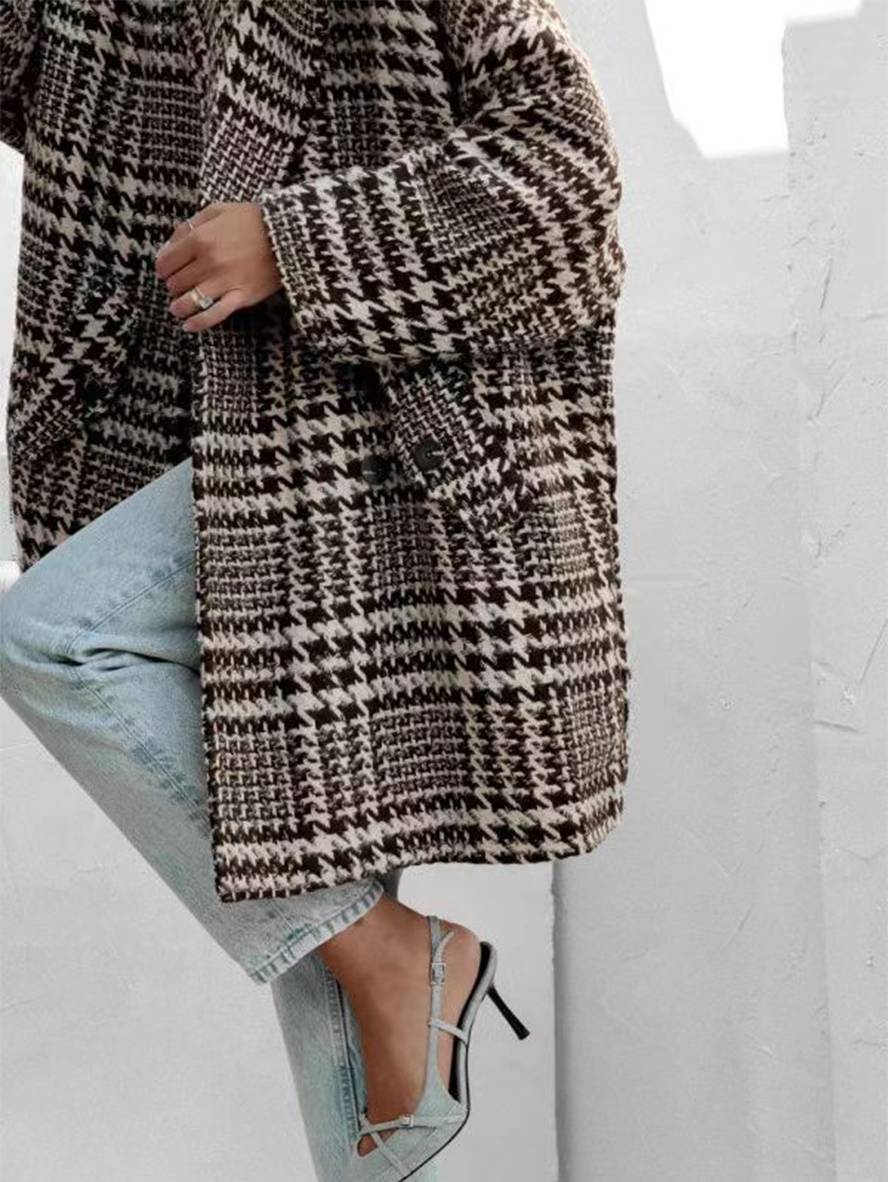 Aurohaya Houndstooth Mid-Length Coat Double-Breasted Women’s Wool-Look Jacket