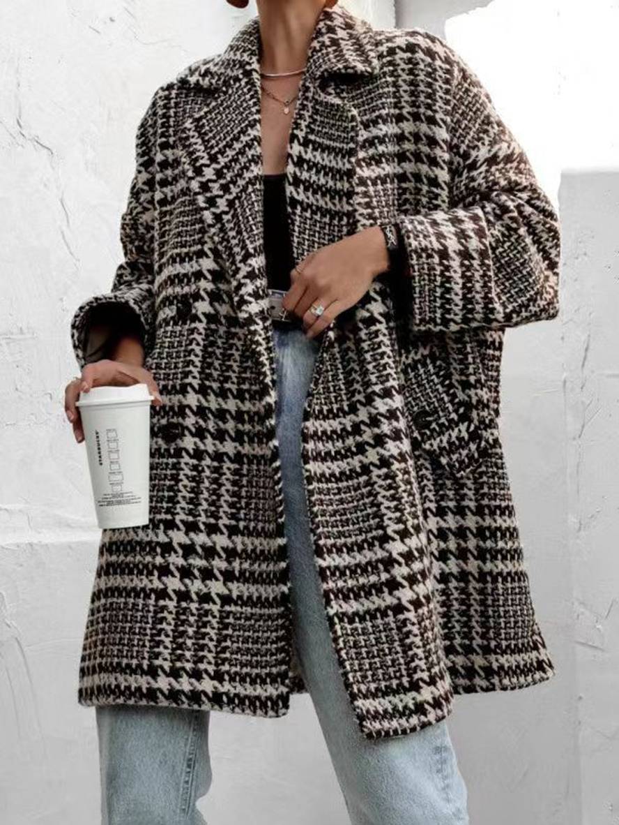 Aurohaya Houndstooth Mid-Length Coat Double-Breasted Women’s Wool-Look Jacket