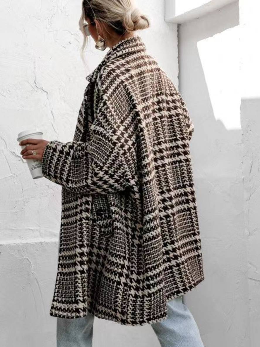Aurohaya Houndstooth Mid-Length Coat Double-Breasted Women’s Wool-Look Jacket