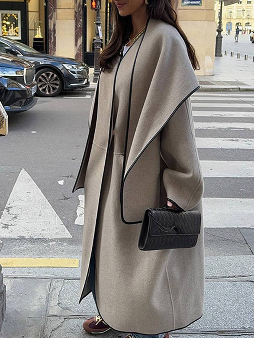 Aurohaya Long Wool Coat with Scarf, Button Details, Pockets, Long Sleeves Elegant Casual Oversized Jacket for Women
