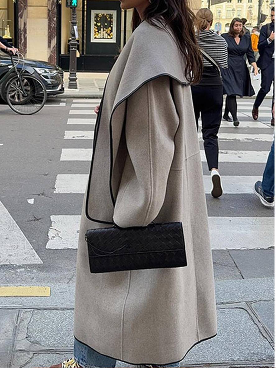 Aurohaya Long Wool Coat with Scarf, Button Details, Pockets, Long Sleeves Elegant Casual Oversized Jacket for Women