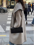 Aurohaya Long Wool Coat with Scarf, Button Details, Pockets, Long Sleeves Elegant Casual Oversized Jacket for Women
