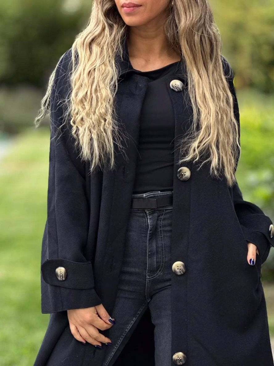 Aurohaya Elegant Long Coat with Button Closure and Pockets, Women's Casual Oversized Jacket for Fall & Winterasual Oversized Jacket for Fall & Winter