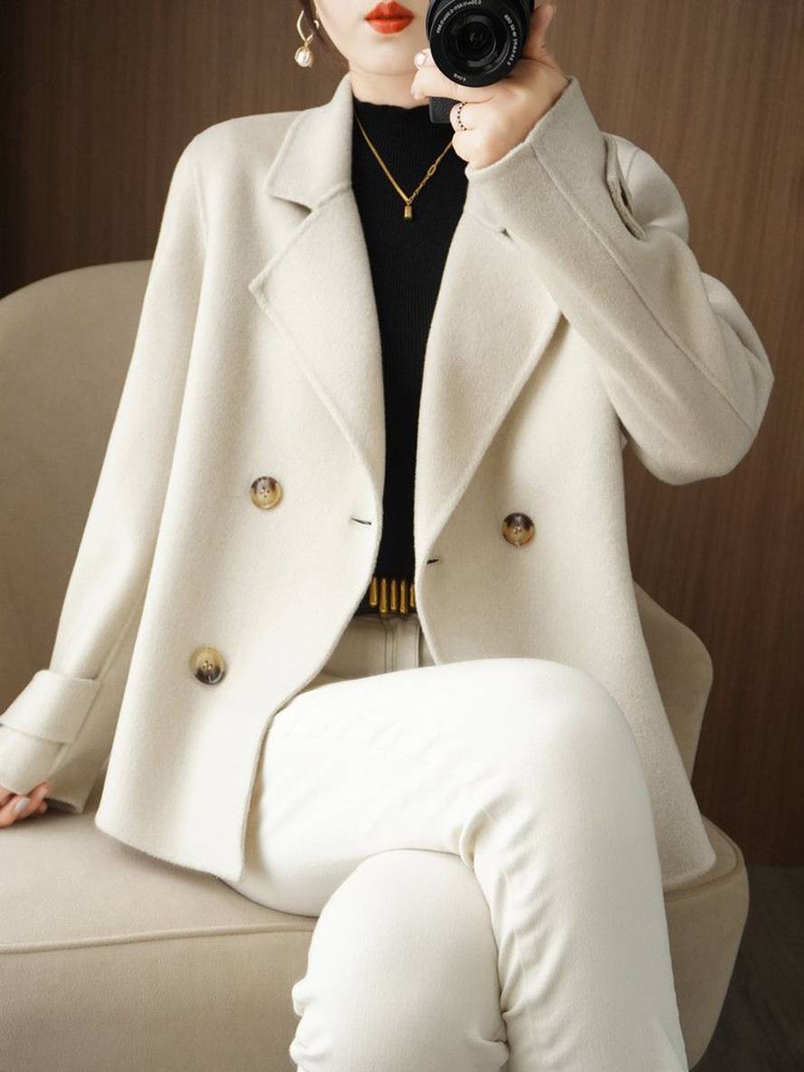Aurohaya Women’s Double Breasted Peacoat with Notched Collar Short Elegant Casual Winter Coat