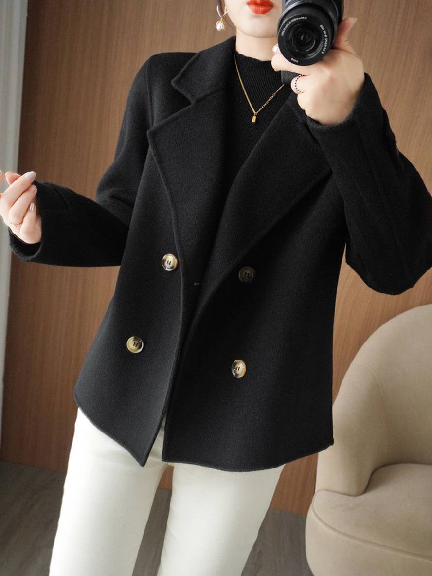 Aurohaya Women’s Double Breasted Peacoat with Notched Collar Short Elegant Casual Winter Coat