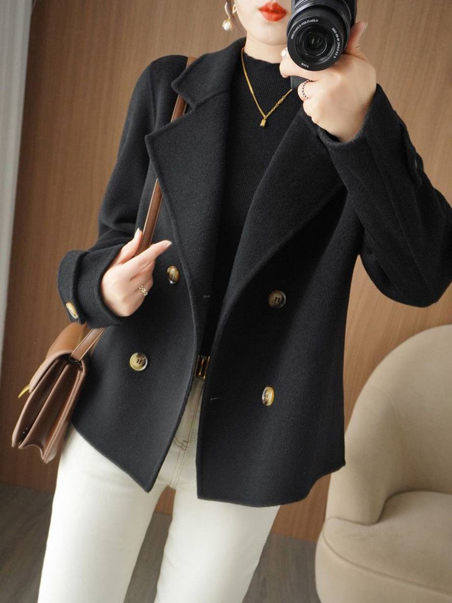 Aurohaya Women’s Double Breasted Peacoat with Notched Collar Short Elegant Casual Winter Coat