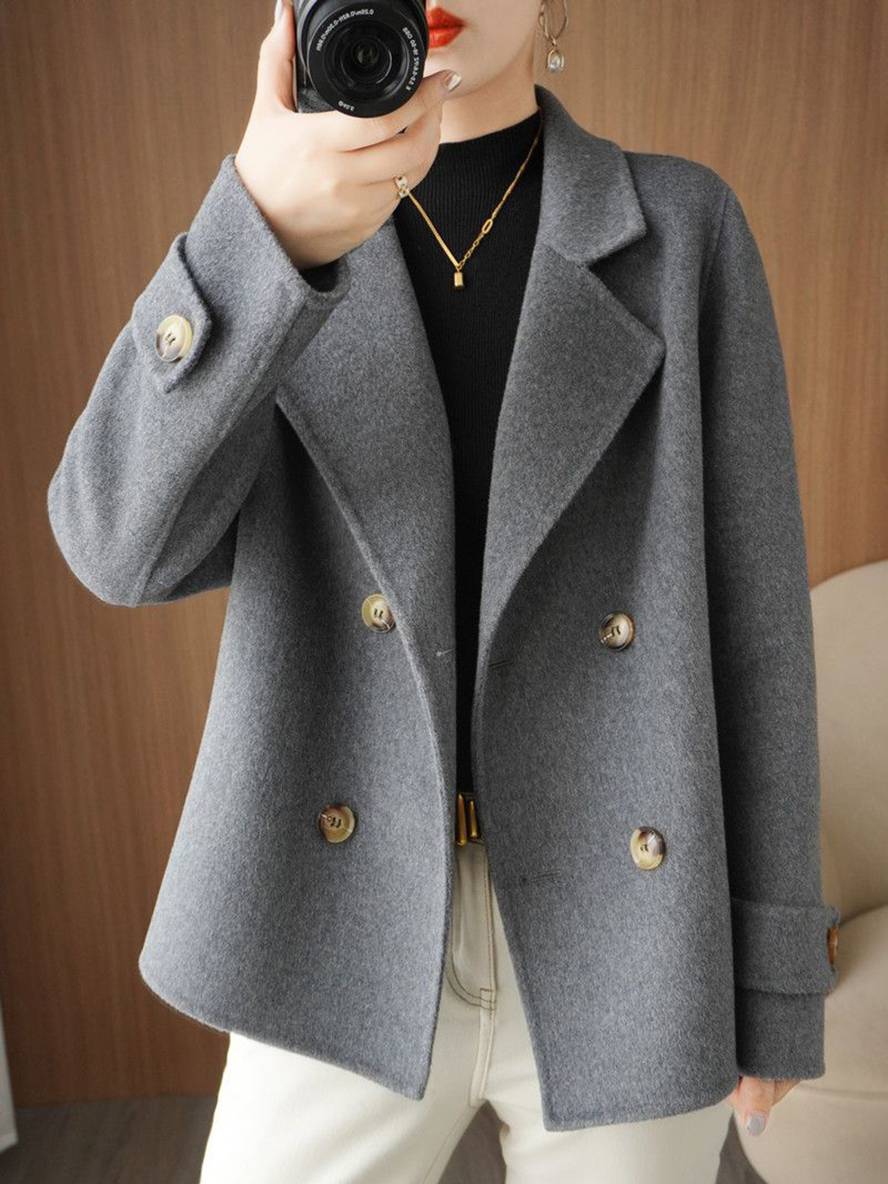 Aurohaya Women’s Double Breasted Peacoat with Notched Collar Short Elegant Casual Winter Coat