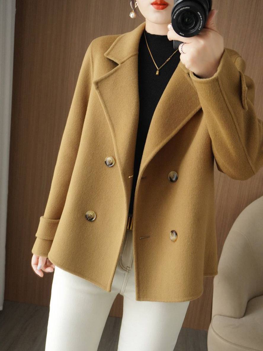 Aurohaya Women’s Double Breasted Peacoat with Notched Collar Short Elegant Casual Winter Coat