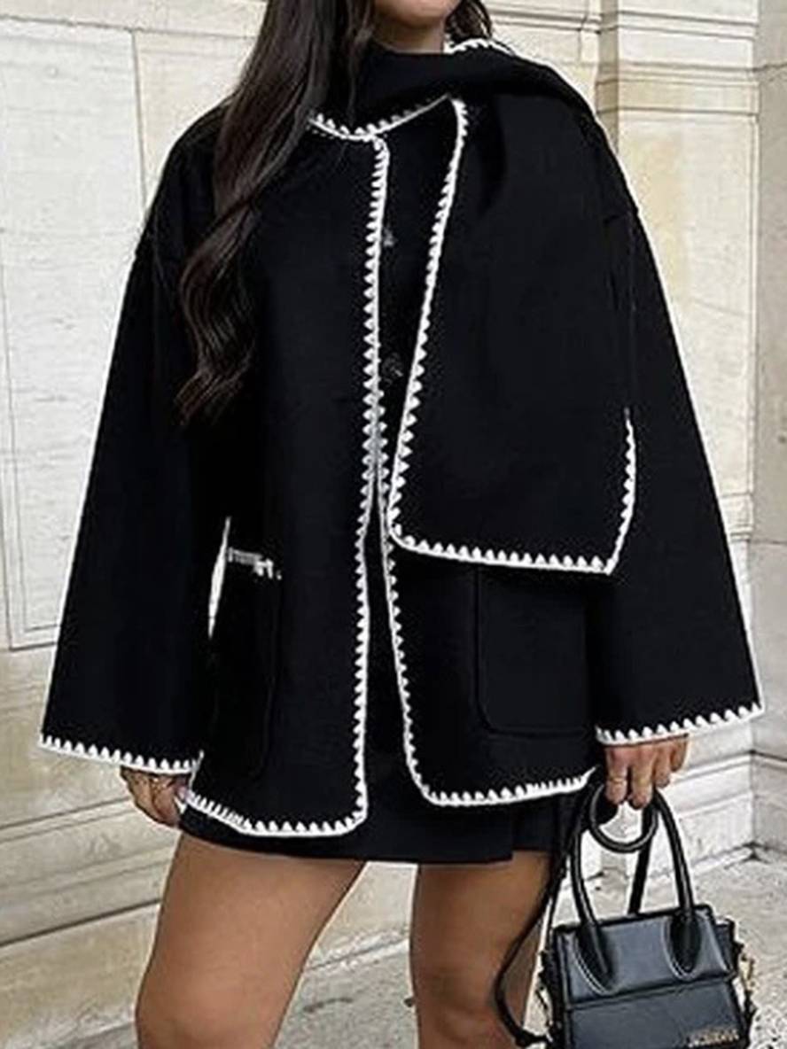 Aurohaya Short Wool Coat with Scarf, Button Closure & Pockets for Women Elegant Casual Winter Jacket