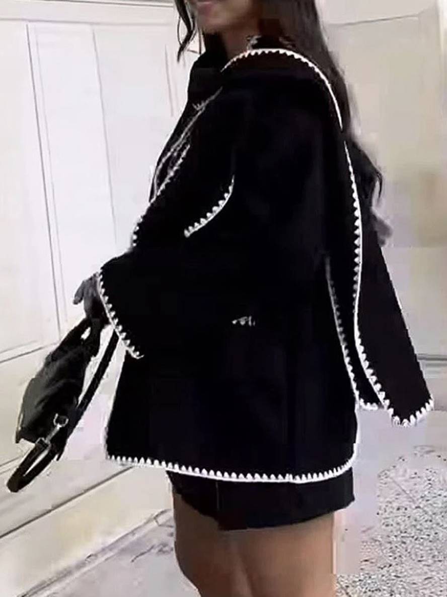 Aurohaya Short Wool Coat with Scarf, Button Closure & Pockets for Women Elegant Casual Winter Jacket