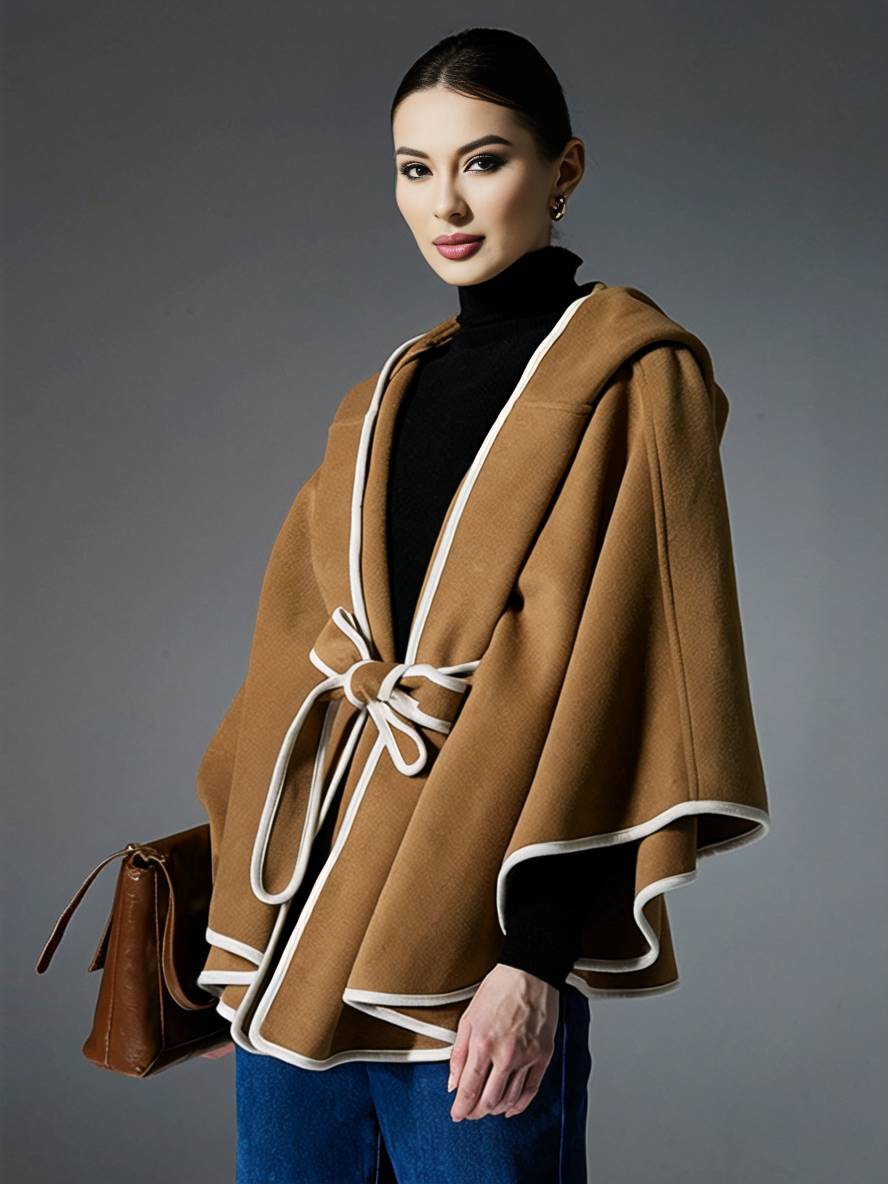Aurohaya Women’s Short Wool Blend Poncho Coat with Hood & Bow Oversized Batwing Sleeve Winter Outerwear