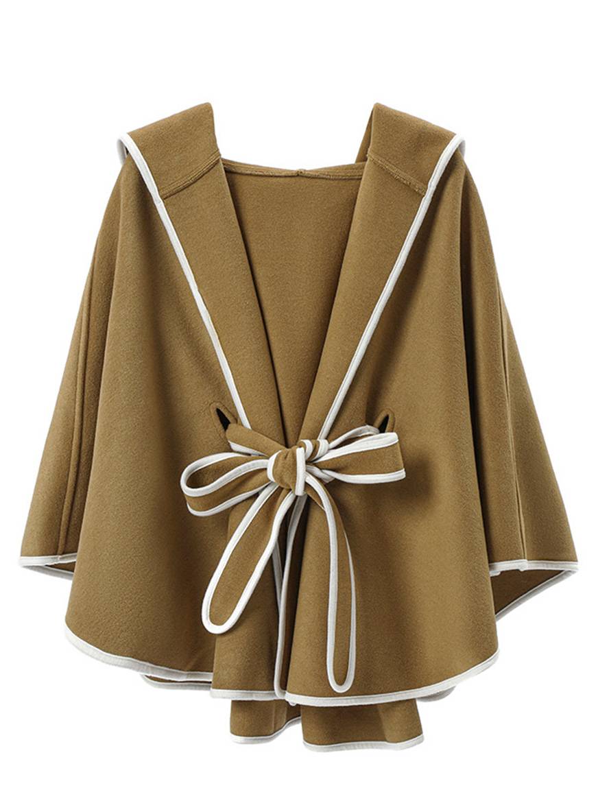 Aurohaya Women’s Short Wool Blend Poncho Coat with Hood & Bow Oversized Batwing Sleeve Winter Outerwear