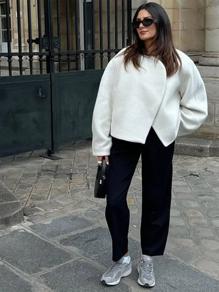 Aurohaya Women’s Short Wool Coat with Notched Collar Oversized Elegant Casual Spring Autumn Jacket