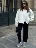 Aurohaya Women’s Short Wool Coat with Notched Collar Oversized Elegant Casual Spring Autumn Jacket