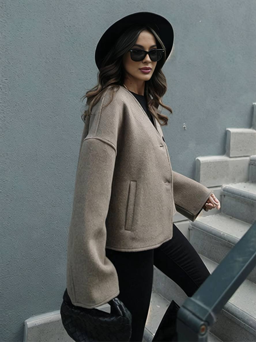 Aurohaya Women’s Short Wool V Neck Coat Oversized Elegant Casual Long Sleeve Jacket