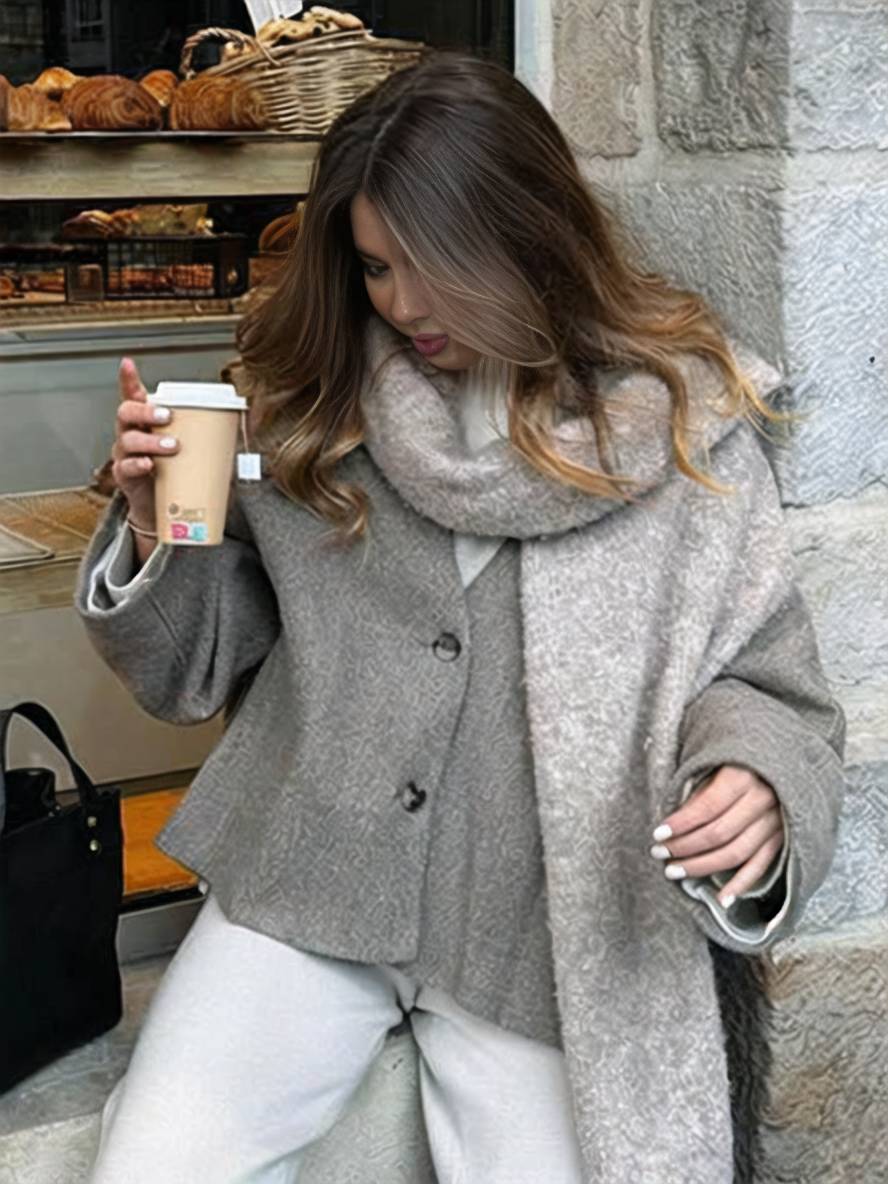 Aurohaya Women’s Short Wool V Neck Coat Oversized Elegant Casual Long Sleeve Jacket