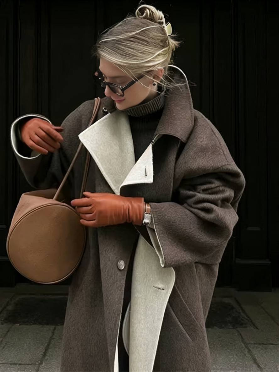 Aurohaya Long Wool Coat with Button Closure, Pockets, and Lapel Collar Elegant Casual Oversized Winter Jacket for Women