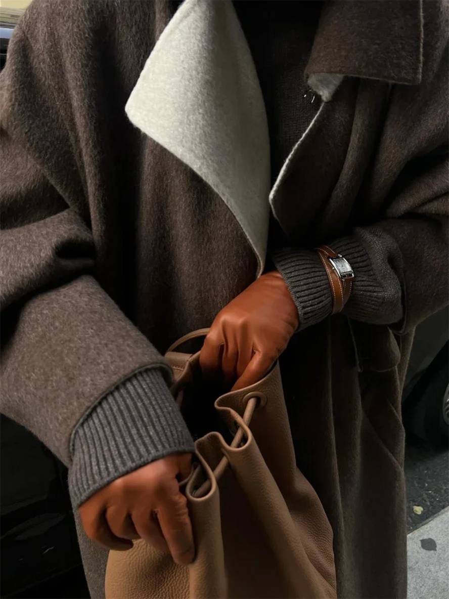 Aurohaya Long Wool Coat with Button Closure, Pockets, and Lapel Collar Elegant Casual Oversized Winter Jacket for Women
