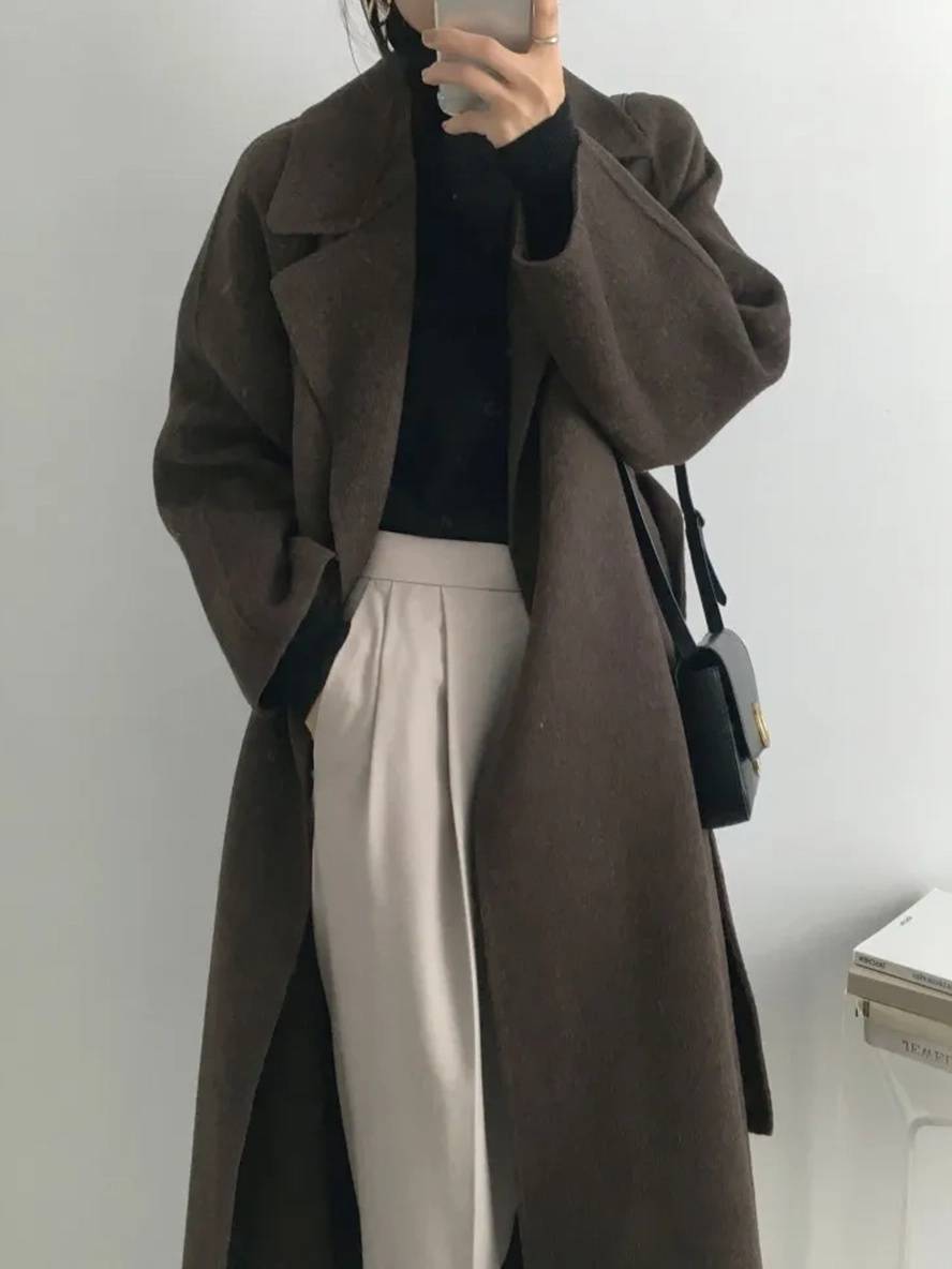 Aurohaya Women’s Long Wool Coat with Notched Collar Belt Oversized Elegant Winter Jacket